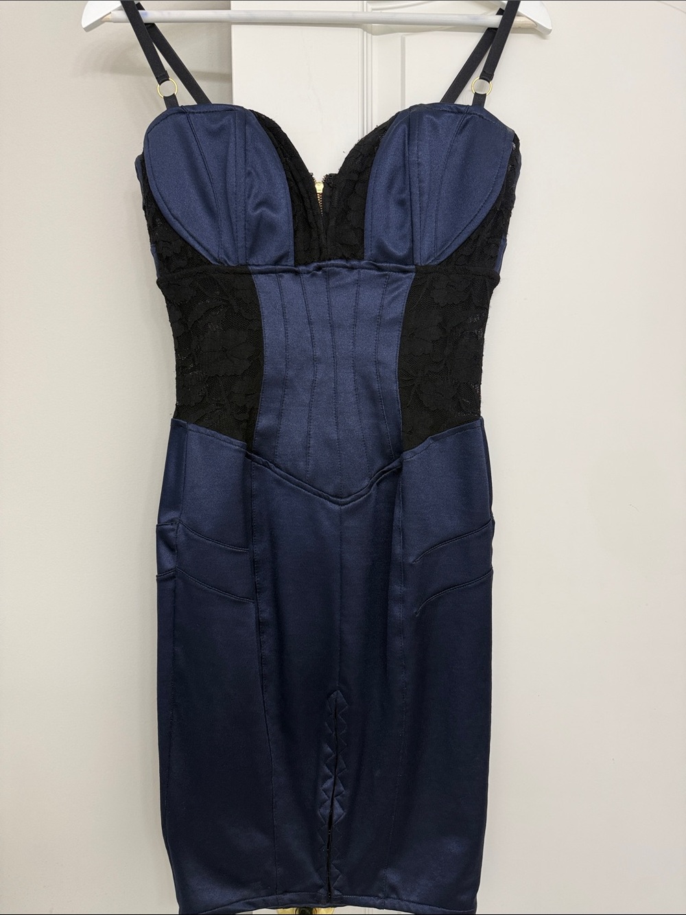 Mark Wong Nark Navy Black Lace & Satin Knee Length Dress